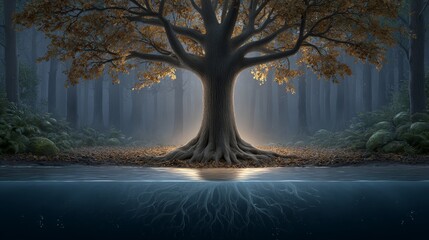 Ancient magical tree with glowing roots by a serene lake at sunrise enveloped in a mystical forest with mountains and waterfalls