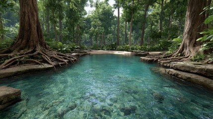 Enchanting dreamy jungle stream tropical forest nature scene clear translucent waters sunrise reflection scenic viewpoint natural beauty
