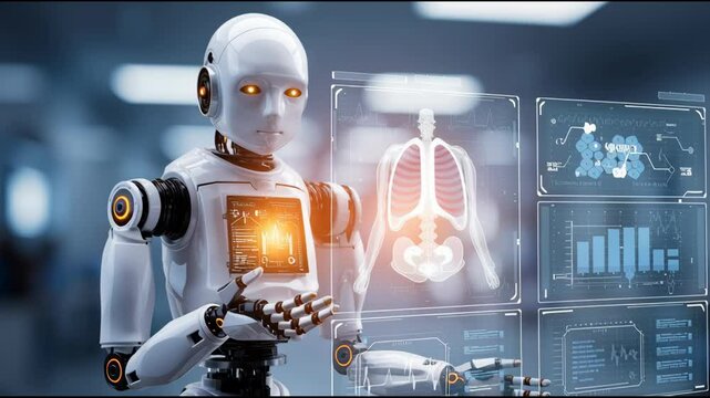 An advanced AI robot is aiding a medical professional in diagnosing a patient. It analyzes data on digital displays and provides insights for improved healthcare decisions