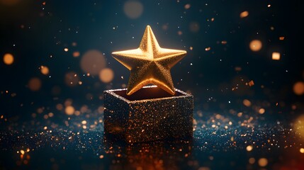 Glittering Golden Star on a Sparkling Base with Bokeh Background