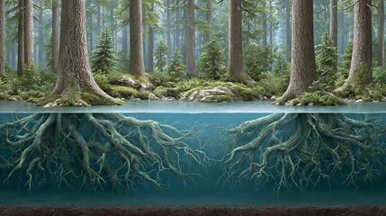 Dancing light roots of enchanted rainforest at sunrise glowing trees by the serene lake and waterfall nature's beauty revealed