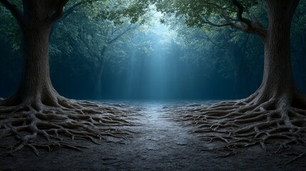 Enchanting underwater forest scene with luminous trees and glowing river at sunrise magical nature immersion