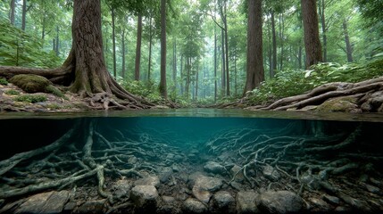 Ethereal jungle adventure enchanted forest gigapixel nature scene sunrise over a neon river tranquil viewpoint near ancient trees