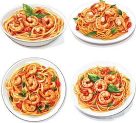 Delicious Shrimp Linguine Pasta With Tomato Sauce vector style on white background