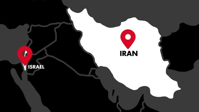 4K animated vector map of Middle East highlighting Iran and Israel in white with red pulsing location icons and visible country labels with Name