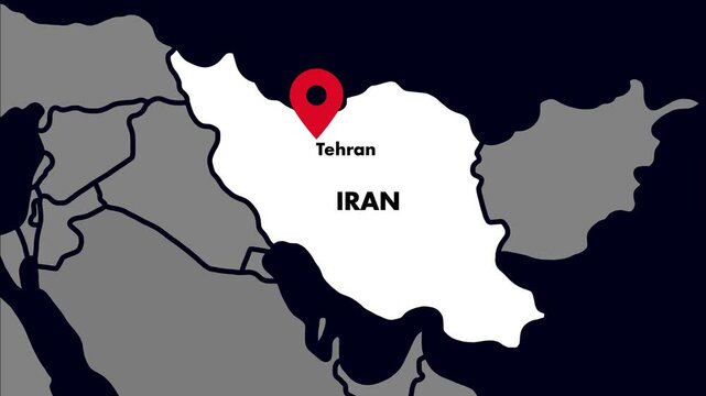 4K animated vector map highlighting Iran in white with red pulsing location icon on Tehran and clear labels for country and capital with Names
