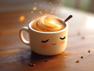 The Perilous Spill: A Panicked Coffee Cup with Expressive Eyes and Mouth, cup of cappuccino