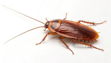 Detailed studio shot of a cockroach, captured with precision on a pure white setting to provide a versatile and clean visual. Excellent for scientific illustrations, infographics