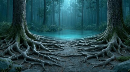 Mystical underwater adventure in a fantasy forest with glowing tree roots rivers and waterfalls at sunrise