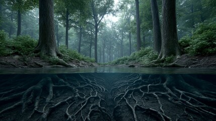 Giant glowing trees with bioluminescent roots by a serene lake at sunrise in a mystical forest setting
