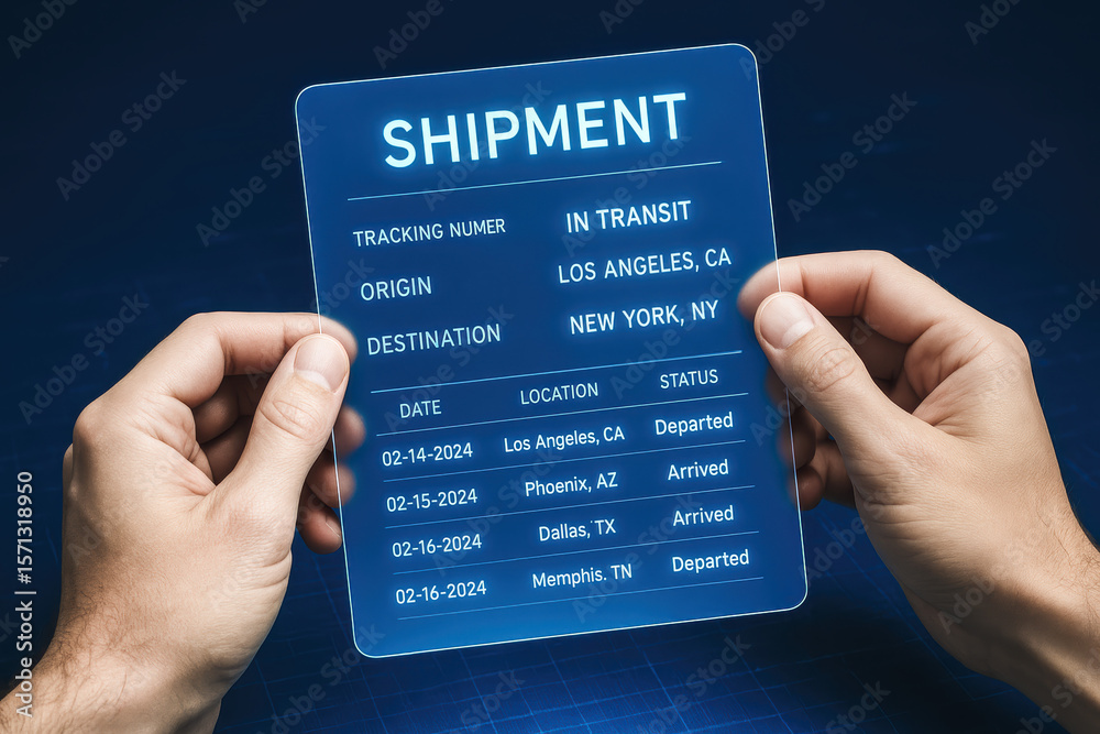 Poster efficient management shipment progress is illustrated by hands holding a translucent digital interfa