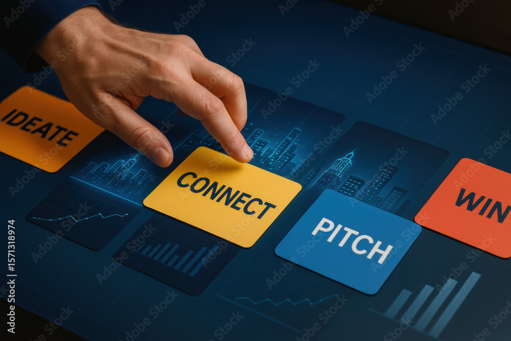 Poster a interacts with a large touchscreen as virtual business cards representing creative thinking networ
