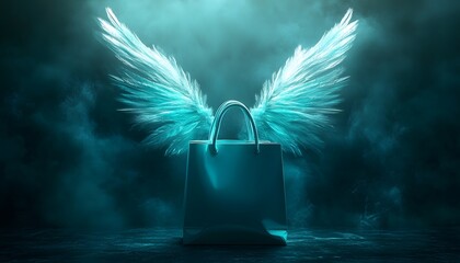 Ethereal Shopping Bag with Glowing Wings in Mystical Atmosphere
