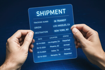 Efficient management shipment progress is illustrated by hands holding a translucent digital interface showing tracking details and status updates