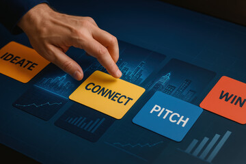 A interacts with a large touchscreen as virtual business cards representing creative thinking networking proposal and success dynamically across the interface