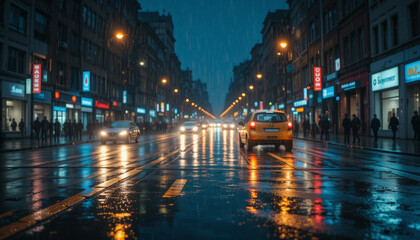 Fototapeta premium Rainy City Night: A glistening city street reflects the vibrant lights and bustling energy of urban life during a rain-soaked night.