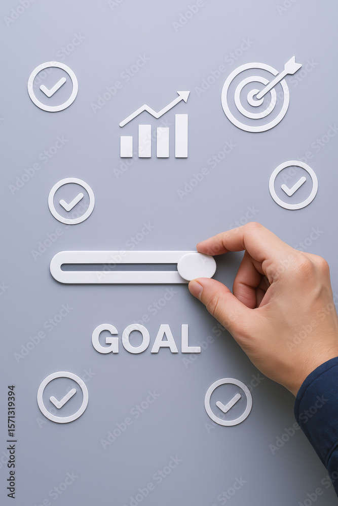 Poster adjusting a progress slider symbolizes strategic advancement toward achieving key business objective