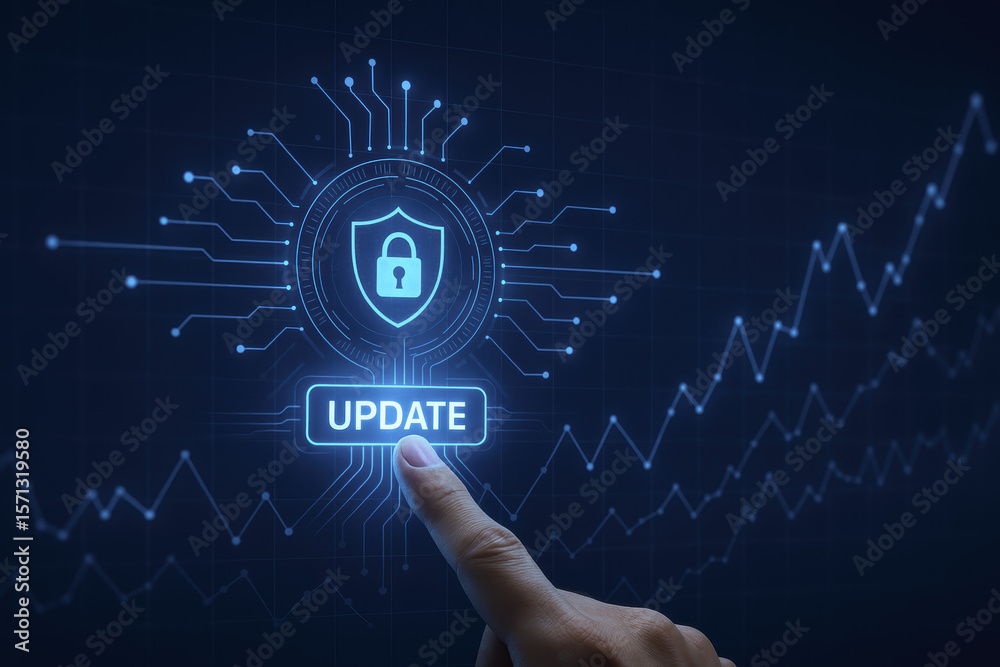Poster a initiates a secure system update as digital pulses highlight progress on a futuristic analytics gr
