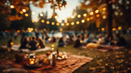 Blurred fall park picnic gathering with warm lantern light and people sitting on blankets, ideal for seasonal celebration and Thanksgiving event backgrounds