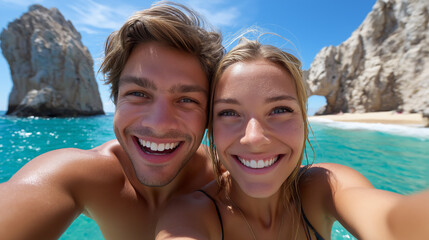 Fototapeta premium Glückliches junges Paar macht Selfie im türkisblauen Meer vor Felsenkulisse