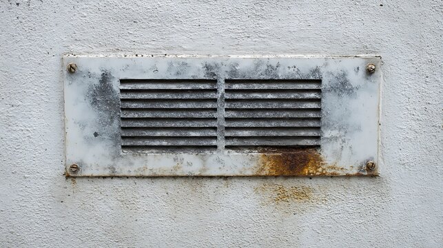 Weathered metal air vent with horizontal slats attached to a textured white wall showing rust stains