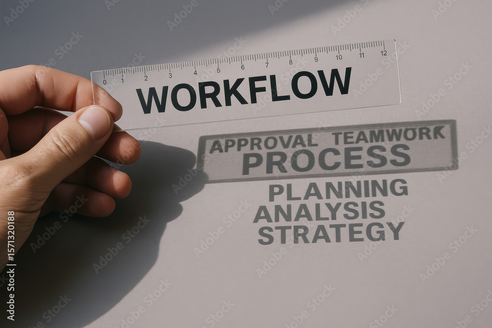 Poster a holding a transparent ruler casts shadows illustrating key business concepts such as workflow proc