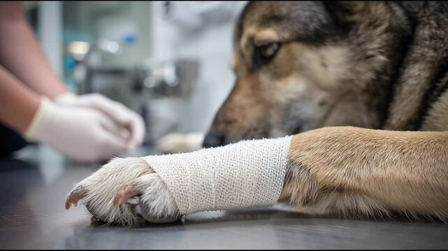 A close-up view of a dog's leg with a fresh bandage applied at a veterinary clinic. The dog appears calm while receiving treatment from a veterinarian nearby