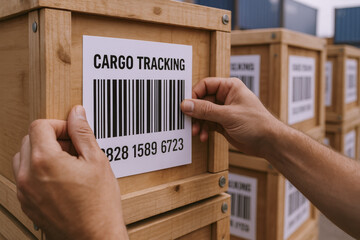 Efficient logistics involve scanning barcodes on shipping crates to ensure accurate cargo management and streamline shipment processes