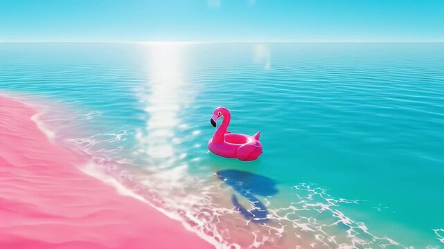 Pink Flamingo Float Drifting on Shimmering Turquoise Water. 4K Footage