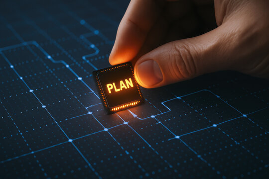 A strategic approach is symbolized by placing a glowing chip onto a digital network map illustrating the path to resolving complex challenges