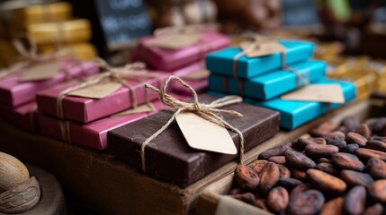 Colorful handmade soaps displayed at a market stall, showcasing craftsmanship and natural ingredients