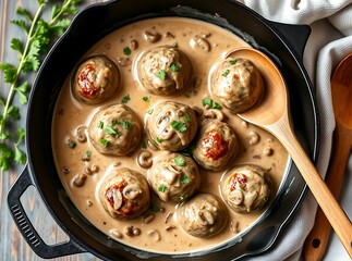 Creamy Mushroom Meatballs: Indulge in a delectable overhead shot of tender meatballs simmering in a creamy mushroom sauce, served in a rustic cast iron skillet. The rich.