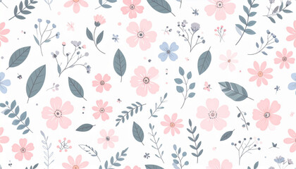 Floral pattern with pink, blue and gray flowers and leaves scattered on a white background.