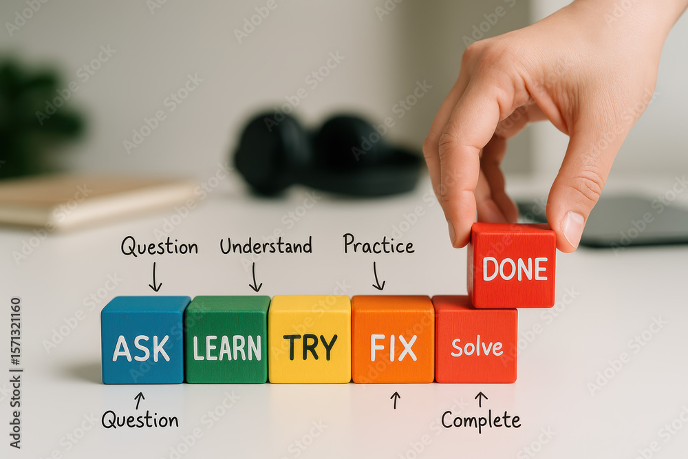 Poster a arranges colorful blocks symbolizing progress through inquiry comprehension effort correction and 