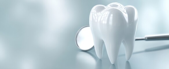 The white tooth alongside a dental mirror on a serene background.