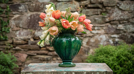 Elegant English garden bouquets in vintage vases, adorned with peonies, tulips and roses and other flowers, displayed in manor garden with dappled light and timeless floral grace