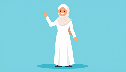 Obraz premium Smiling woman in a white hijab and abaya gestures, presenting something.