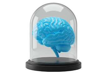 Vibrant Blue Brain Inside Glass Dome on Transparent Background 3D Render For Medical Education