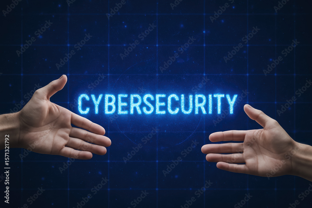 Poster extending hands symbolize collaboration in protecting digital networks against cyber threats within 