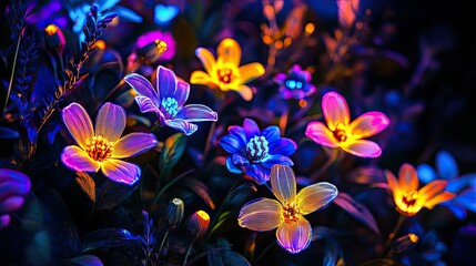 A glowing neon garden of flowers in vibrant colors on black background