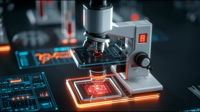 The advanced diagnostics lab features a microscope analyzing samples for pet health assessments