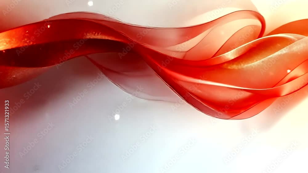 Wall mural elegant red ribbon flowing abstractly across a white background with sparkling particles