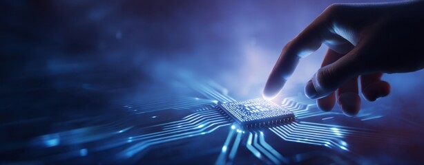 The hand touching a glowing microchip in a futuristic technology setting.