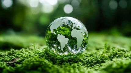 Crystal globe glass on green moss in forest to protect nature Save and care World for sustainable