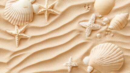 Top view of a sandy beach texture with imprints of exotic seashells and starfish
