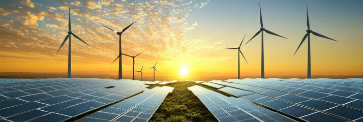 solar panels with wind turbines and sunset. concept clean energy in nature