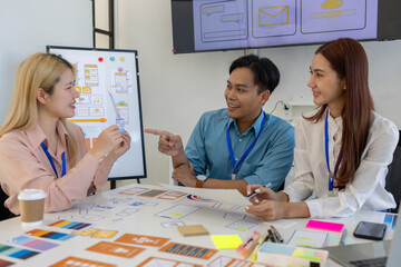 ux, ui, web and mobile app designers are discussing the look and feel of the website or app they...