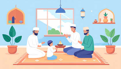 Muslim Family Praying Together at Home A Peaceful Eid Celebration Illustration