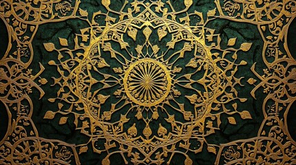 A golden Islamic pattern on a black background, with geometric patterns and ornamental designs
