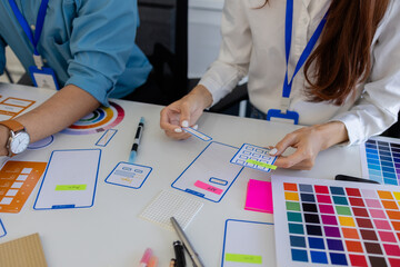 ux, ui, web and mobile app designers are discussing the look and feel of the website or app they...